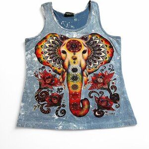 Boho funky‎ hippie Kathmandu multicolored elephant tank top medium